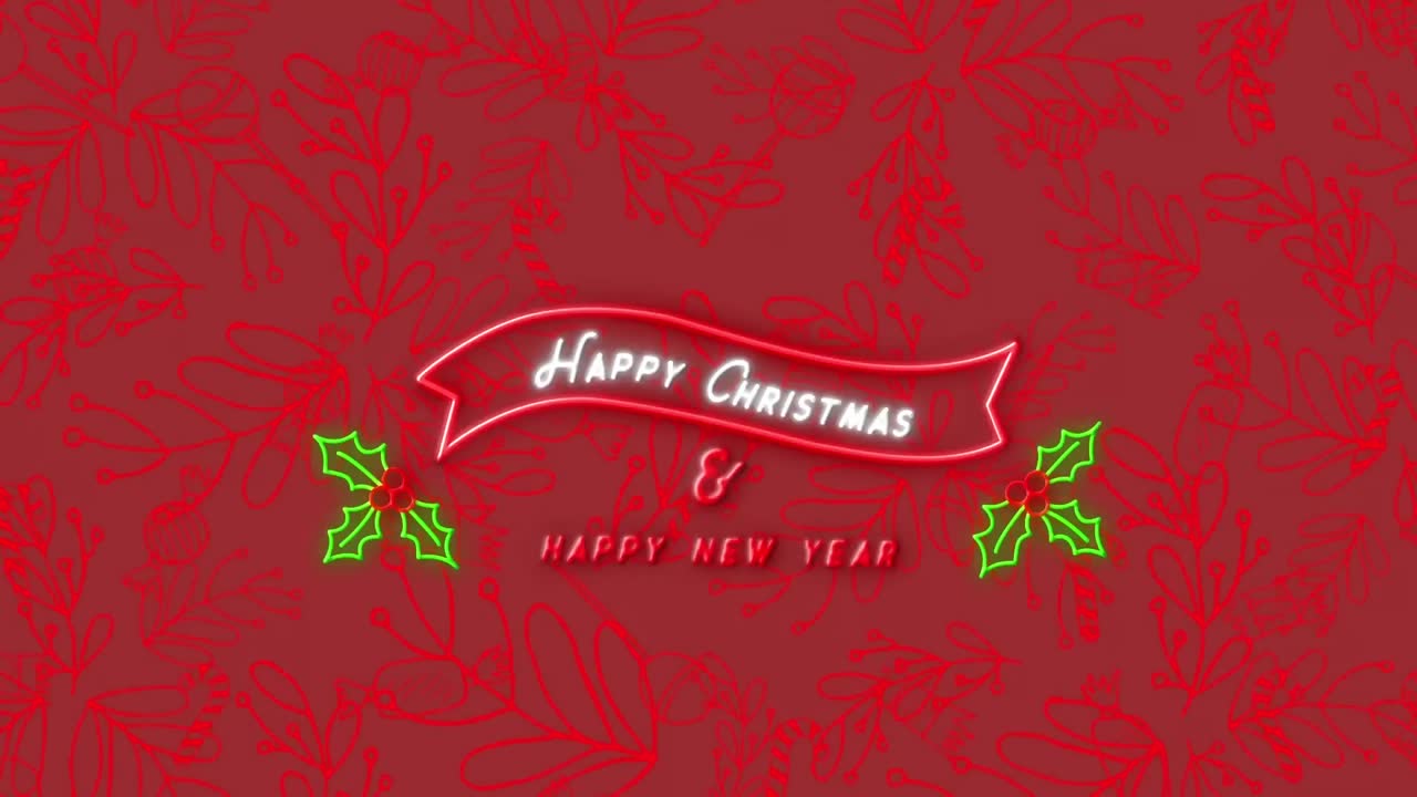 레드 배경 에 있는 장식 과 패턴 위 에 네온 크리스마스 인사 의 애니메이션