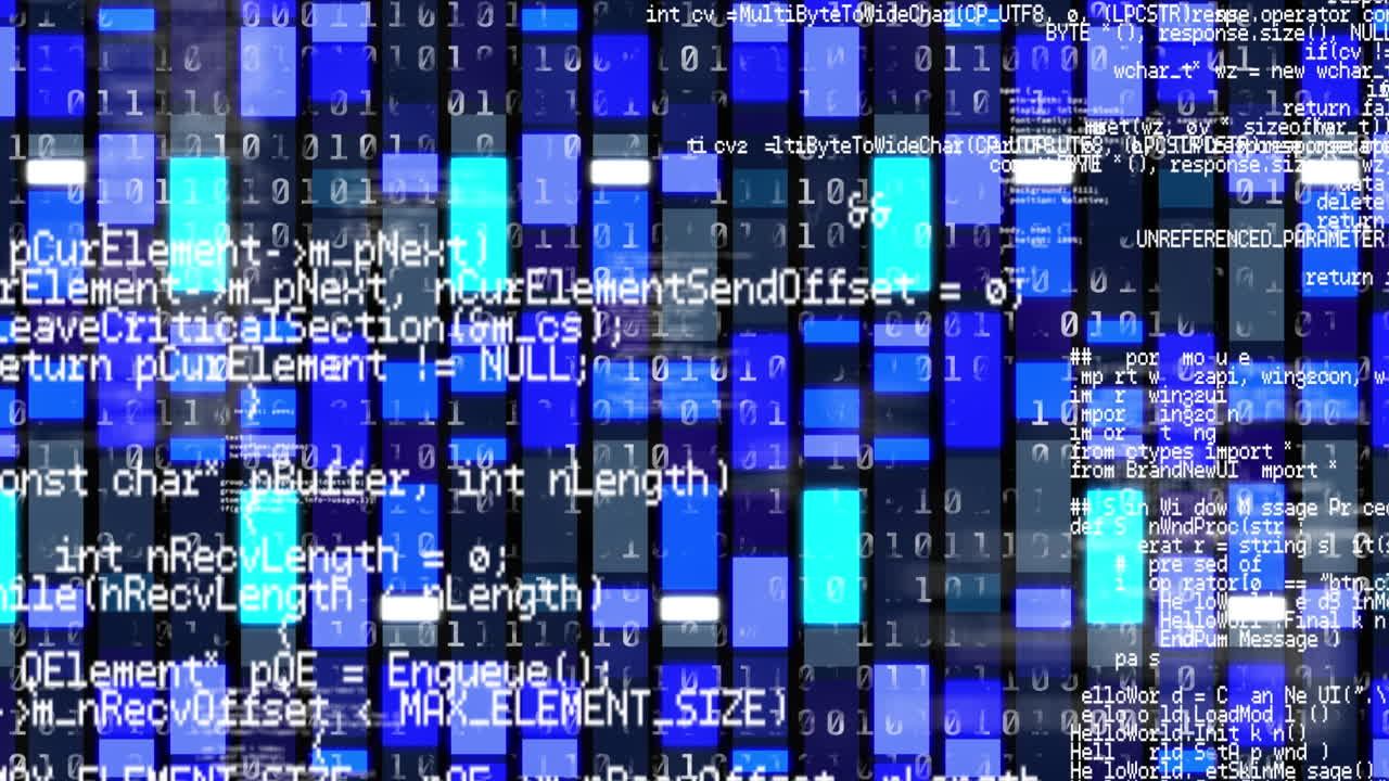 Animation of data processing over blue lights blinking on black background