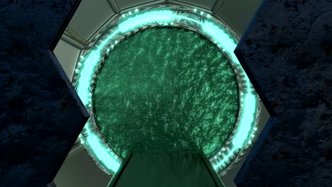 iron rusty hatch opens panoramic view to the spaceship landscape scene. 3d abstract background of sci-fi corridor with portal. futuristic technology abstract vj for tech titles and background.