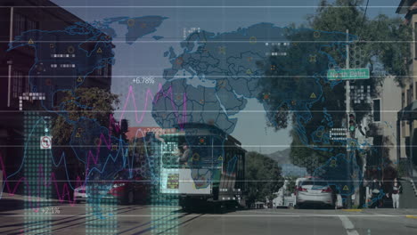 Animation-Der-Datenverarbeitung-Und-Weltkarte-über-Autos-Auf-Der-Straße