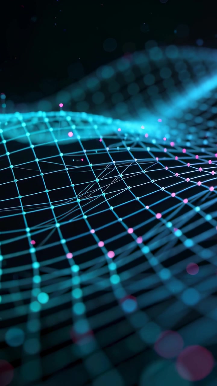 Vertical video: Rising cyan mesh undulating as camera tracking over black void with magenta nodes