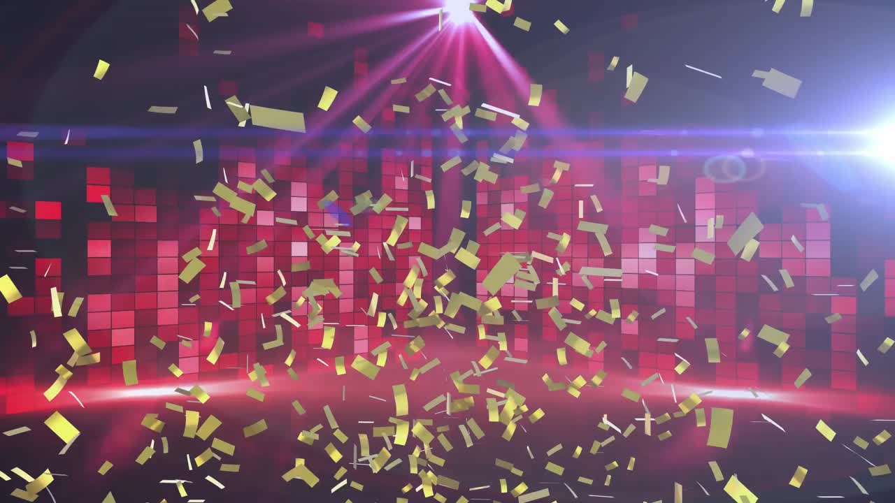 ⁇ 은색과  ⁇ 색의 불빛과 스포트라이트를  ⁇ 박이는 댄스 플로어에 떨어지는 금색 콘페티의 애니메이션