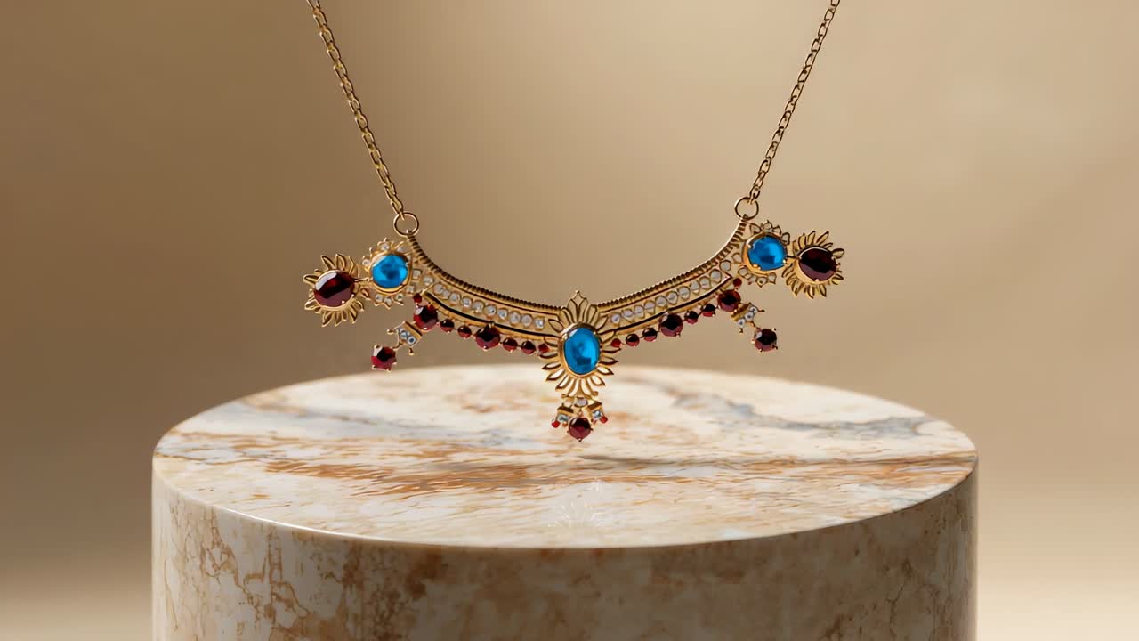 Releasing suspension causing necklace swinging above marble base and showcasing blue, red gemstones
