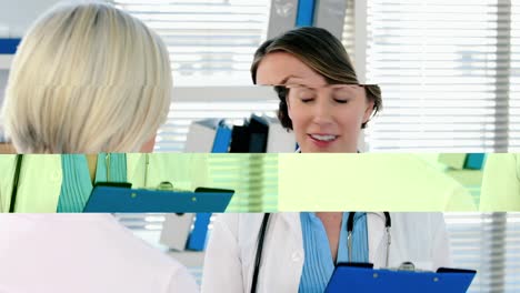 Female-doctor-interacting-over-a-report-with-a-patient