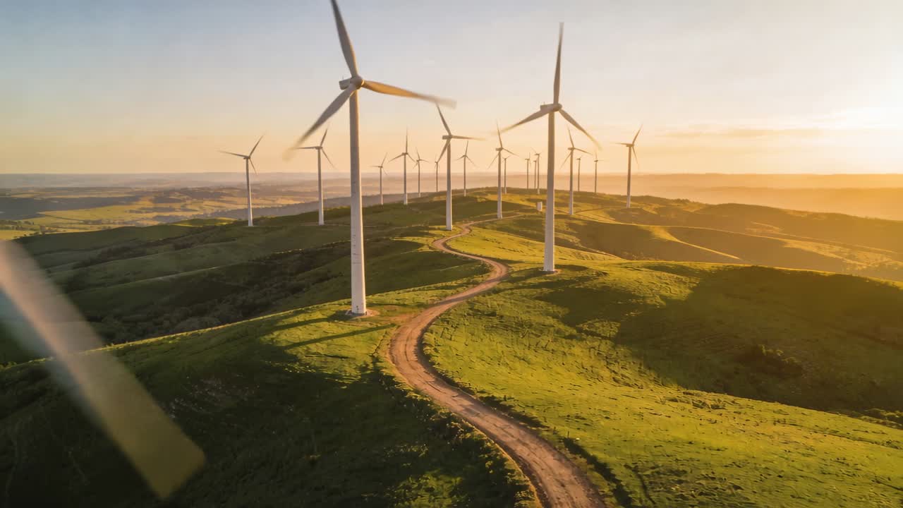 Telecamera che avanza e segue un gruppo di turbine su colline lungo una strada sterrata, pale che girano per il vento