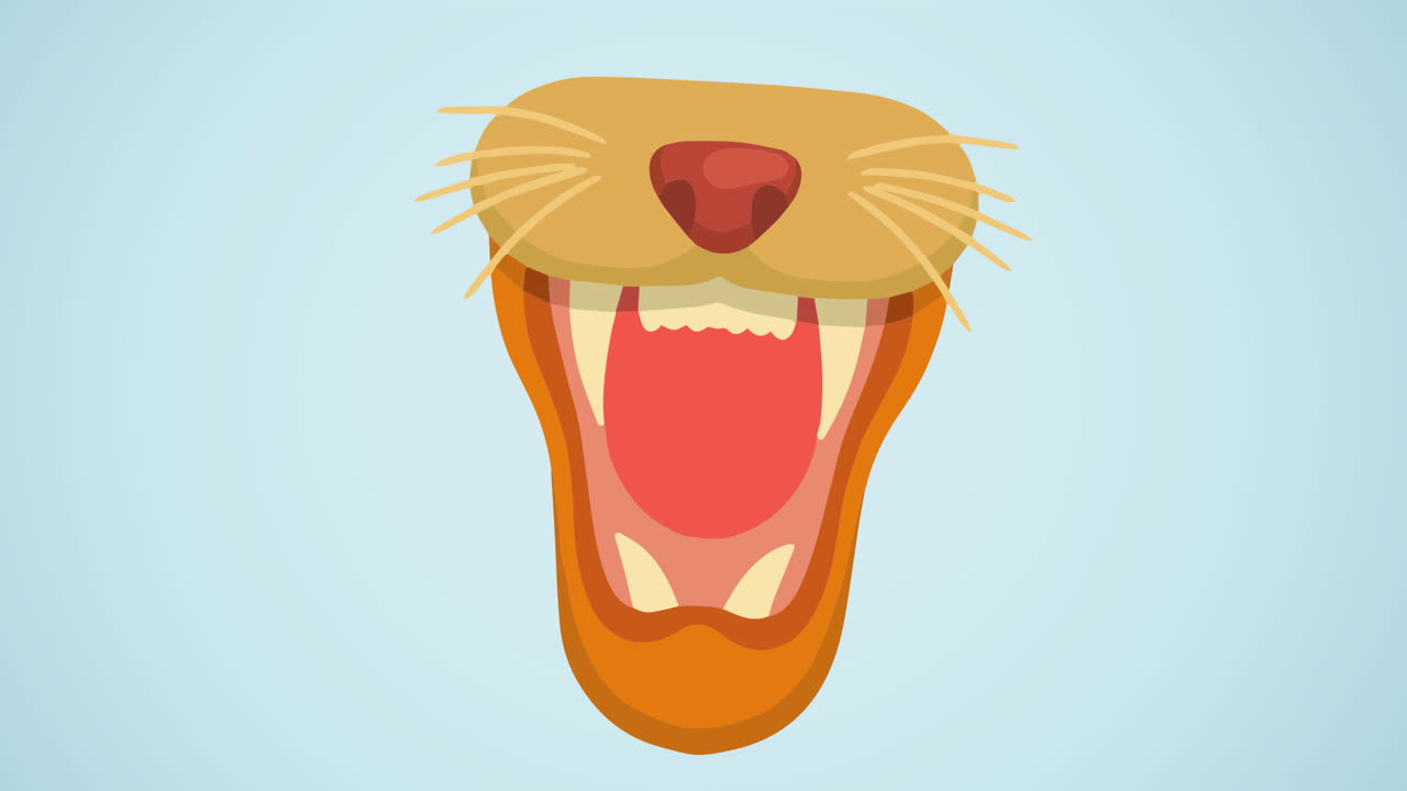 animación del hocico de un gran gato salvaje con la boca abierta, sobre un fondo azul