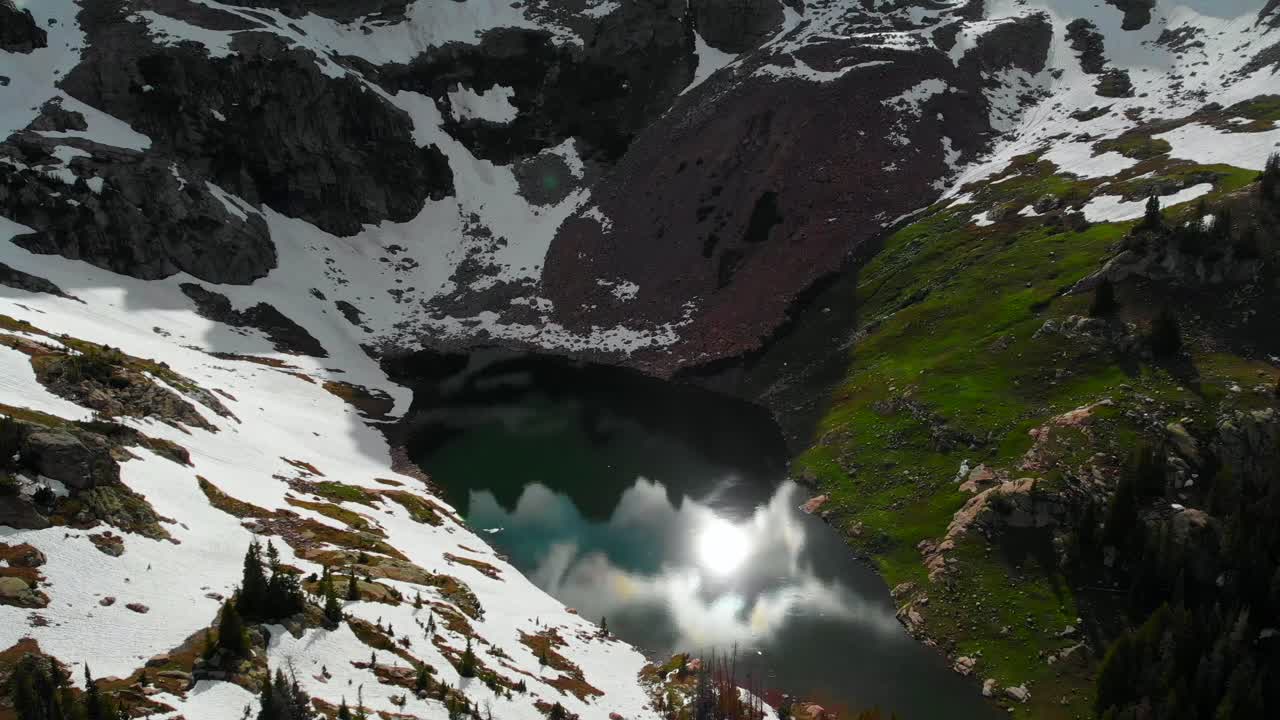 Ripresa aerea cinematografica di un lago tra alte montagne in Colorado