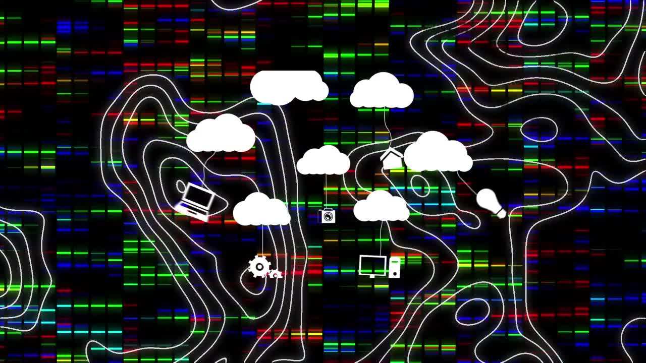 Animation of clouds with icons over moving columns and white lines