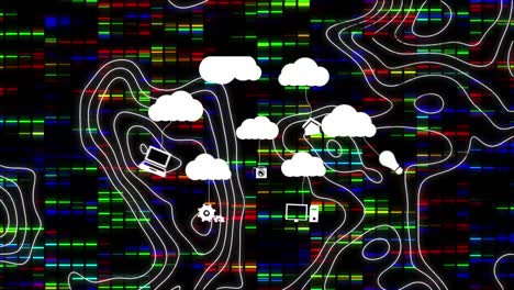 Animation-of-clouds-with-icons-over-moving-columns-and-white-lines