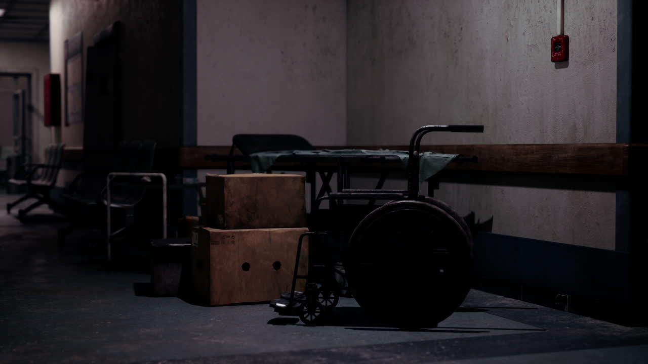 Abandoned hospital corridor with wheelchair and forgotten equipment at night