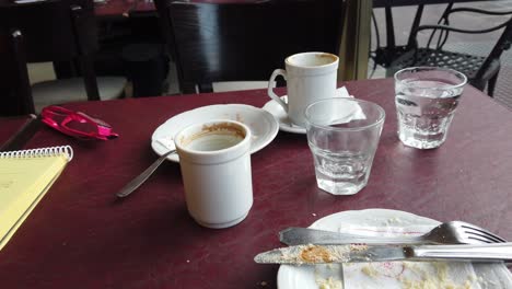empty coffee cups and crumbs: end of a breakfast gathering at a café table