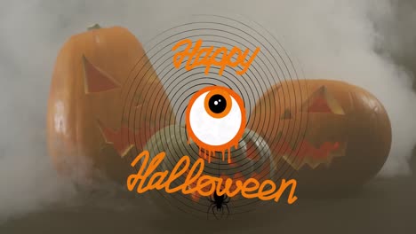 Fröhliches-Halloween-Textbanner-Mit-Gruseligem-Augensymbol-Gegen-Raucheffekt-über-Kürbissen