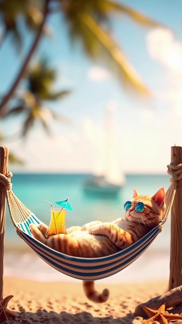 Lindo Gato Pelirrojo Relajándose en una Hamaca en una Playa Tropical