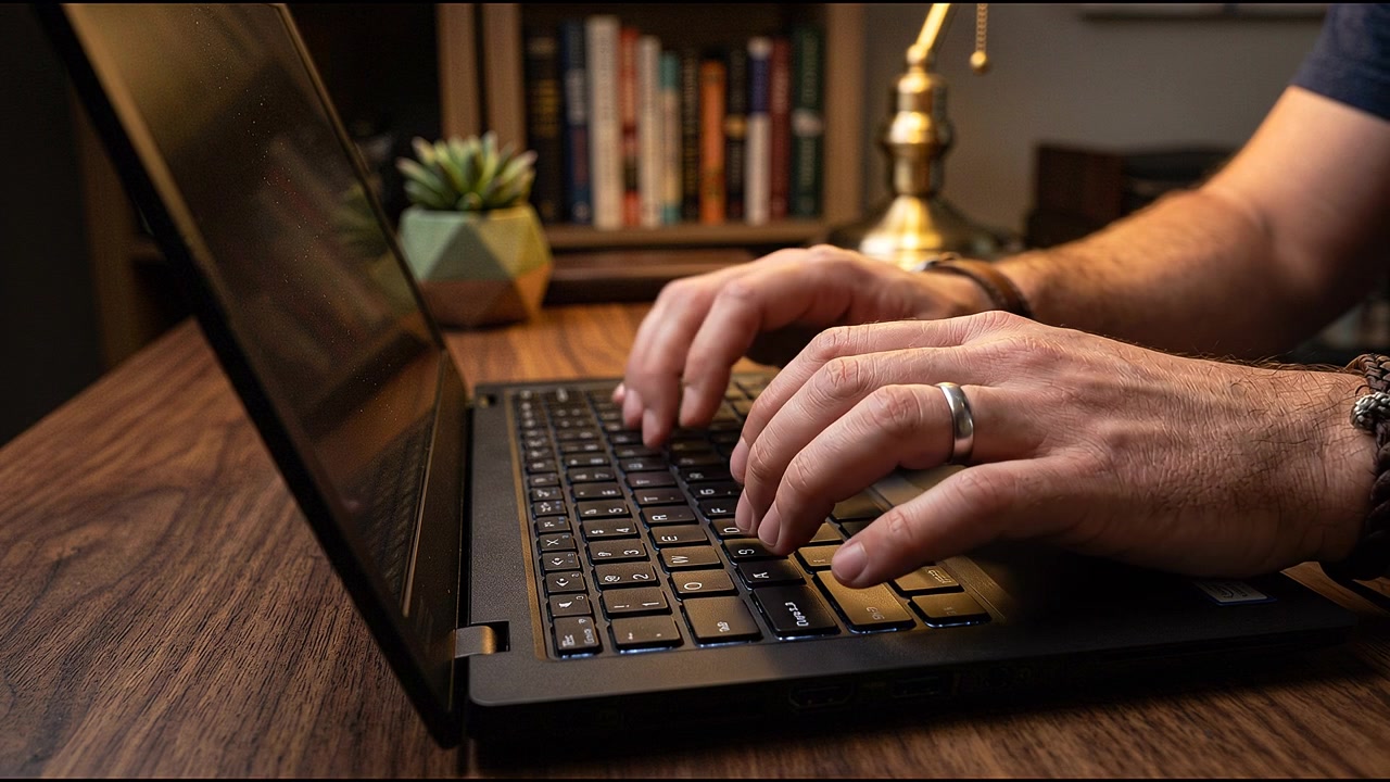 Primo piano di mani che usano un laptop in uno spazio di lavoro con una calda illuminazione ambientale.