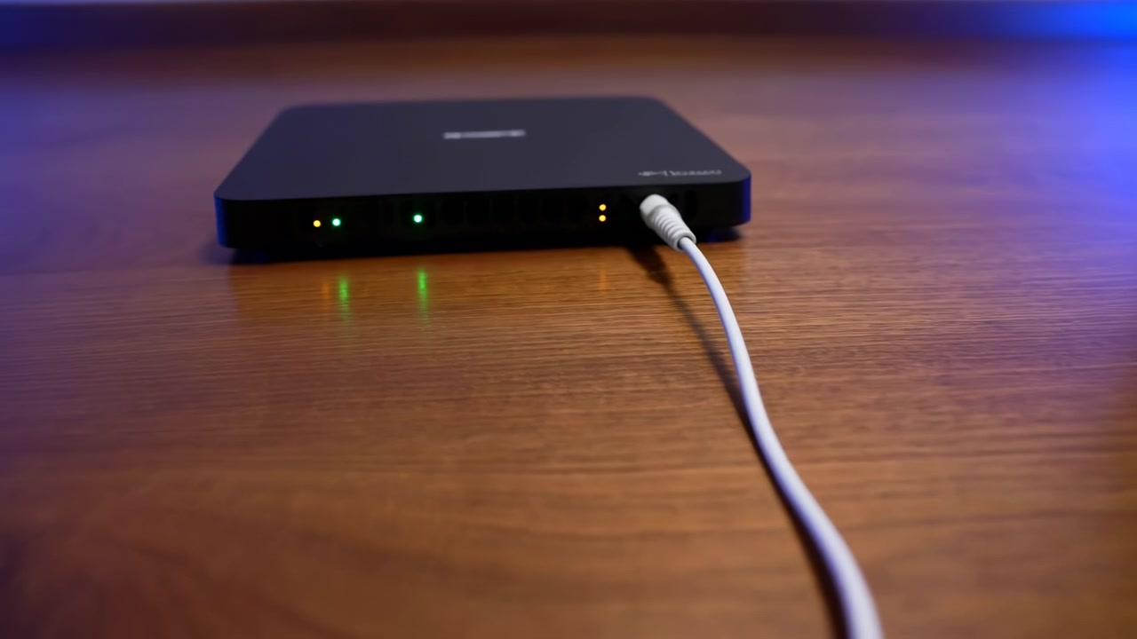 White insulated cable runs across glossy hardwood floor toward small rectangular electronic device near wooden baseboard, with two green lights and one amber light glowing softly in quiet domestic