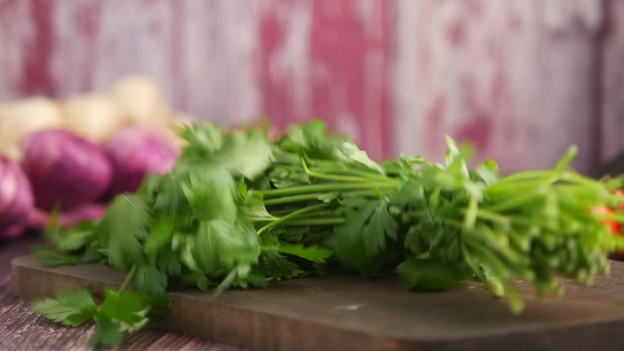 Fresh Parsley Placed on a Wooden Cutting Board