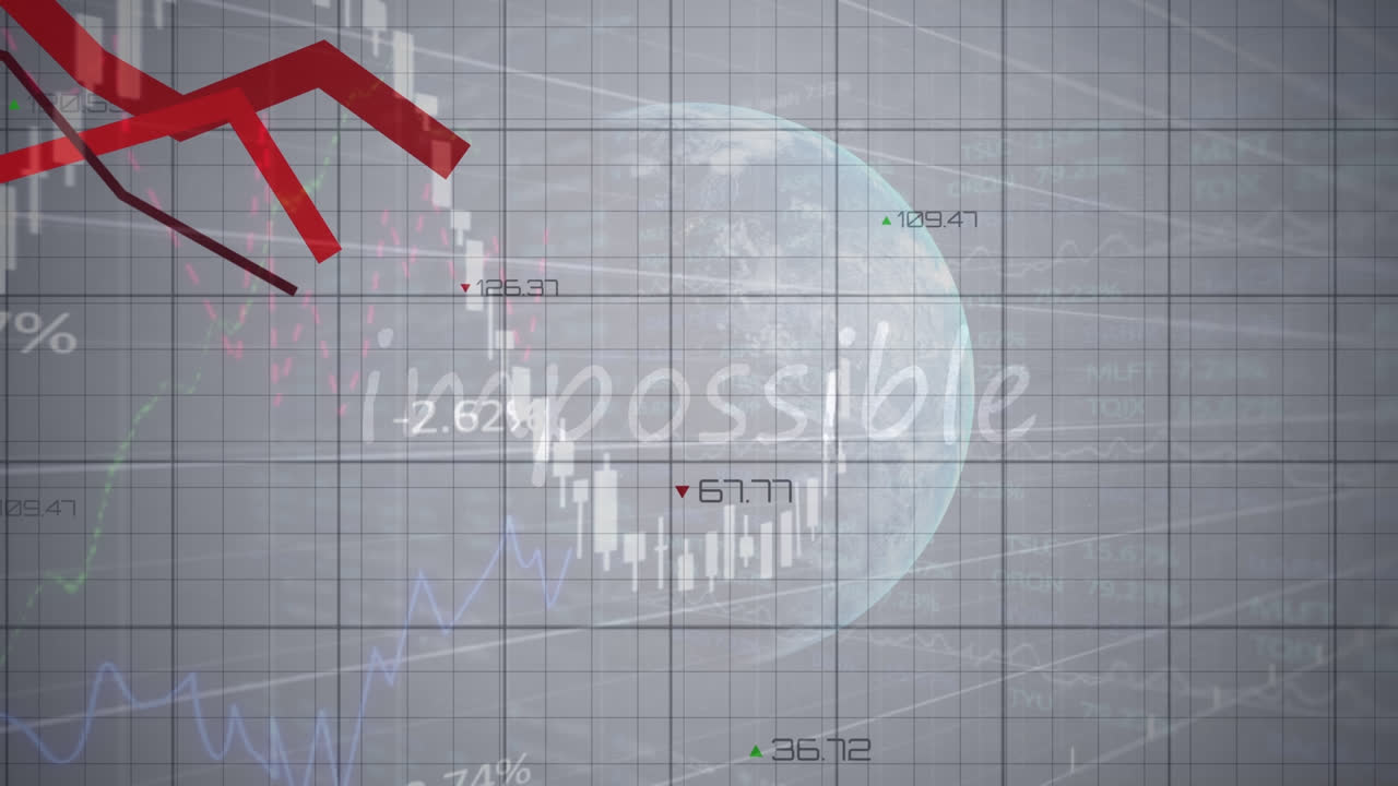 회색 배경에 전 세계 그래프와 금융 데이터의 애니메이션