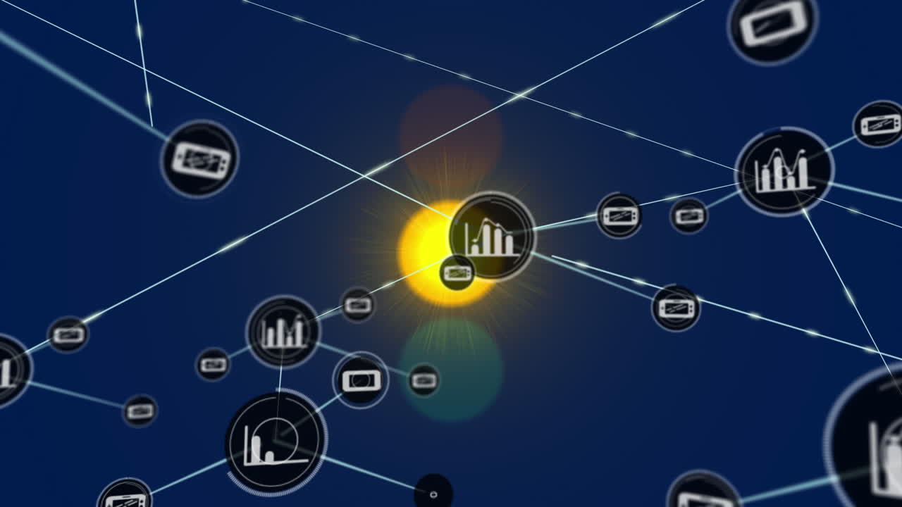 파란색 배경에 교통 신호등 위의 디지털 아이콘 네트워크의 애니메이션