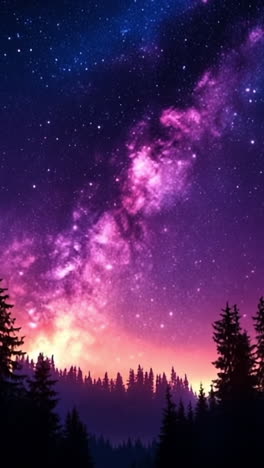 night sky full of stars over pine trees. a vibrant night sky with a galaxy visible above dark pine trees during twilight hour. the scene captures cosmic beauty.