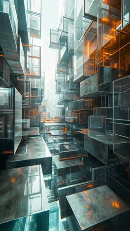abstract futuristic cityscape of glowing glass cubes and geometric structures