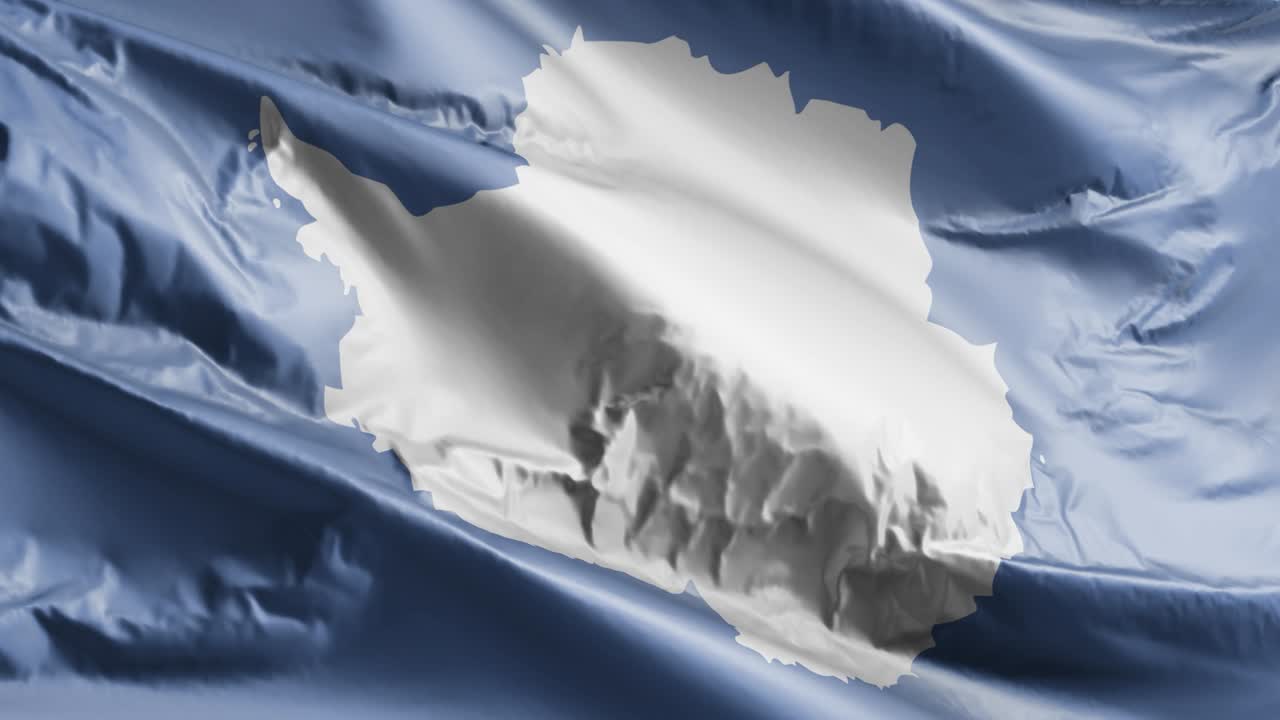 남극 발이 바람에 흔들리고, 남극의 배너가 바람에 떠다니고, 배경이 가득 차 있고, 10초의 루프가 있습니다.