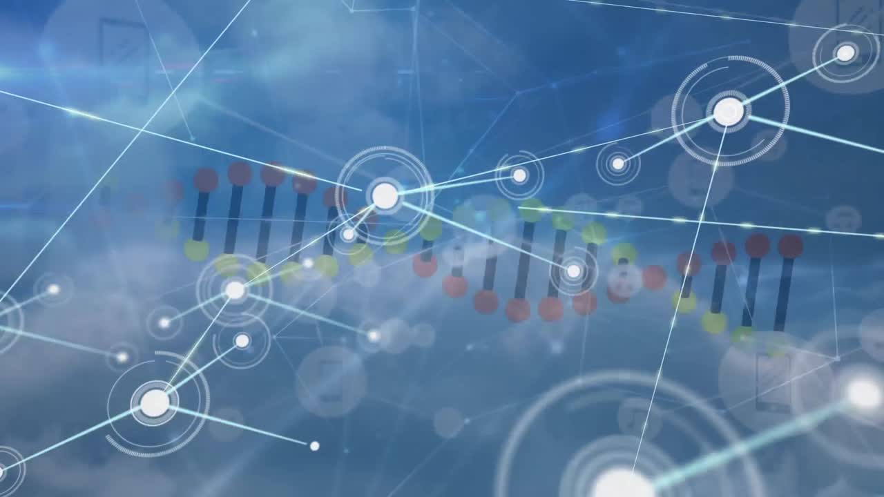 Animation of network of connections and spinning dna structure over clouds in the blue sky