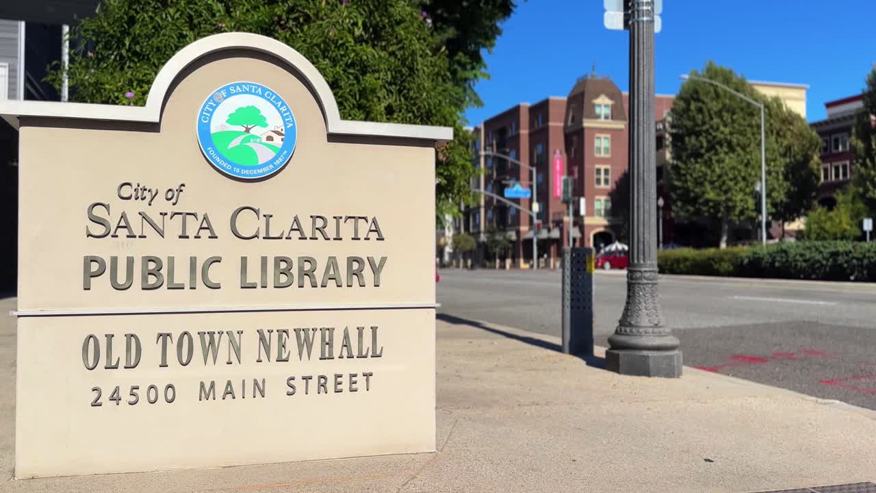 View of sign at the City of Santa Clarita Public Library in Old Town Newhall on Main Street