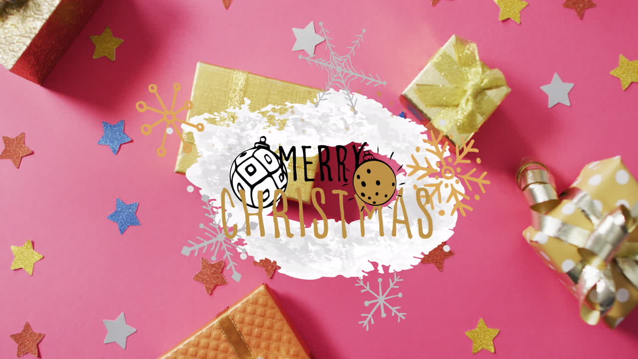 크리스마스 장식과 선물 위에 크리스마스 텍스트의 애니메이션