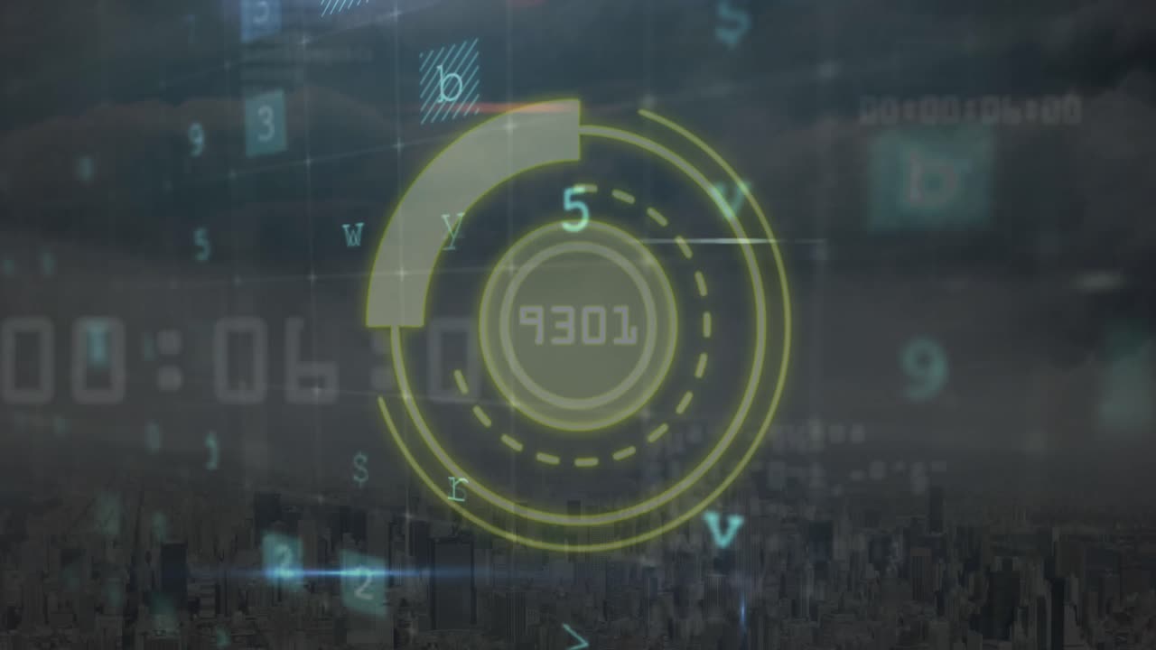 animación de un escáner redondo sobre el procesamiento de datos de seguridad cibernética contra una vista aérea del paisaje urbano