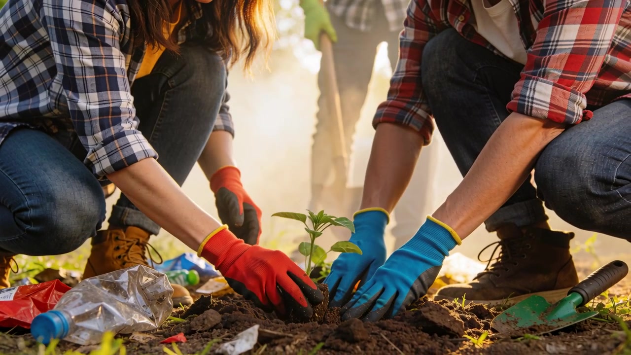 Planting two adults in plaid shirts and gloves placing sapling in park soil after clearing litter