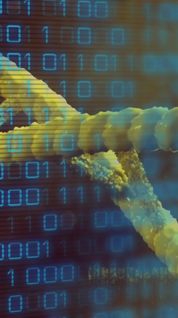 Animation of binary coding data processing over dna strand spinning