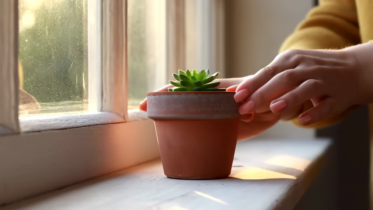 Hands placing a small succulent plant on a sunlit windowsill
