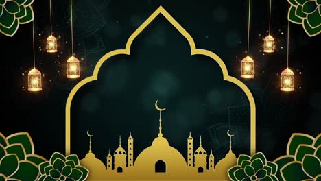 verde y oro color eid mubarak concepto de diseño islámico con candelas colgantes de ramadán linterna y mezquita, animación de fondo abstracto 4k