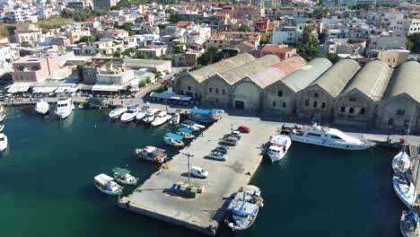 chania old town and venetian port in crete island, greece. aerial drone shot