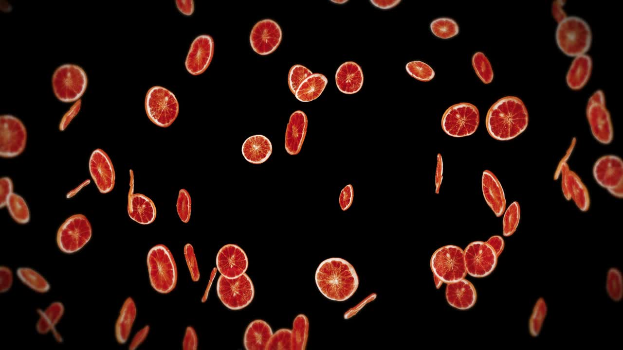 Molte arance essiccate che volano su sfondo nero. Frutta disidratata, concetto alimentare. Animazione 3D di fette di arance che ruotano. Animazione in loop.