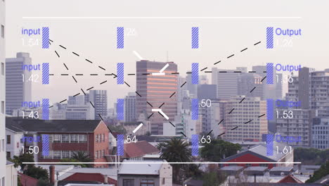 animation of financial data processing over citycape