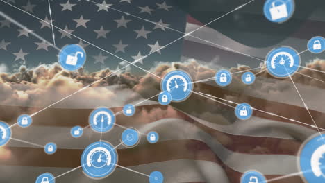 red de iconos digitales sobre agitando nuestra bandera contra las nubes en el cielo