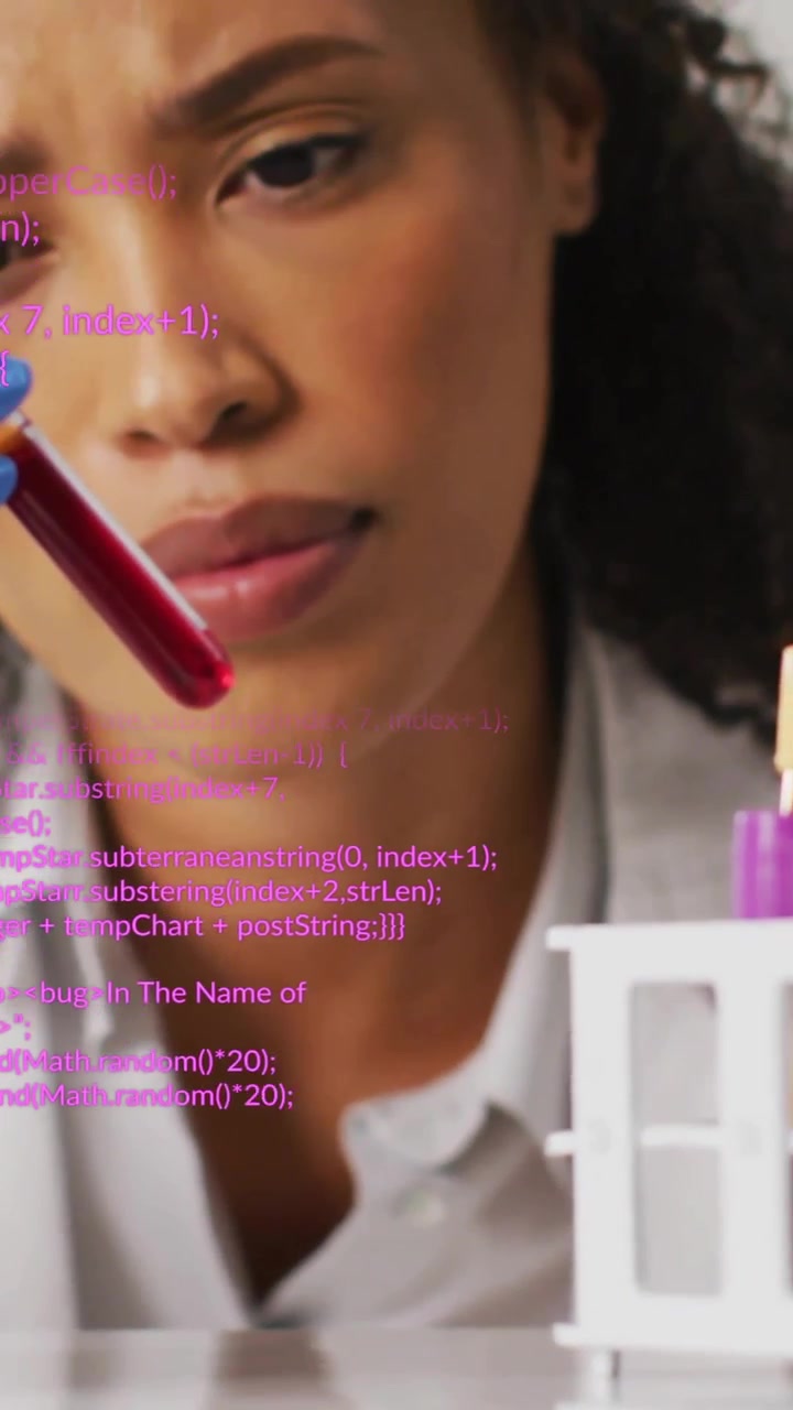 Holding test tube, scientist analyzing blood sample over programming code animation