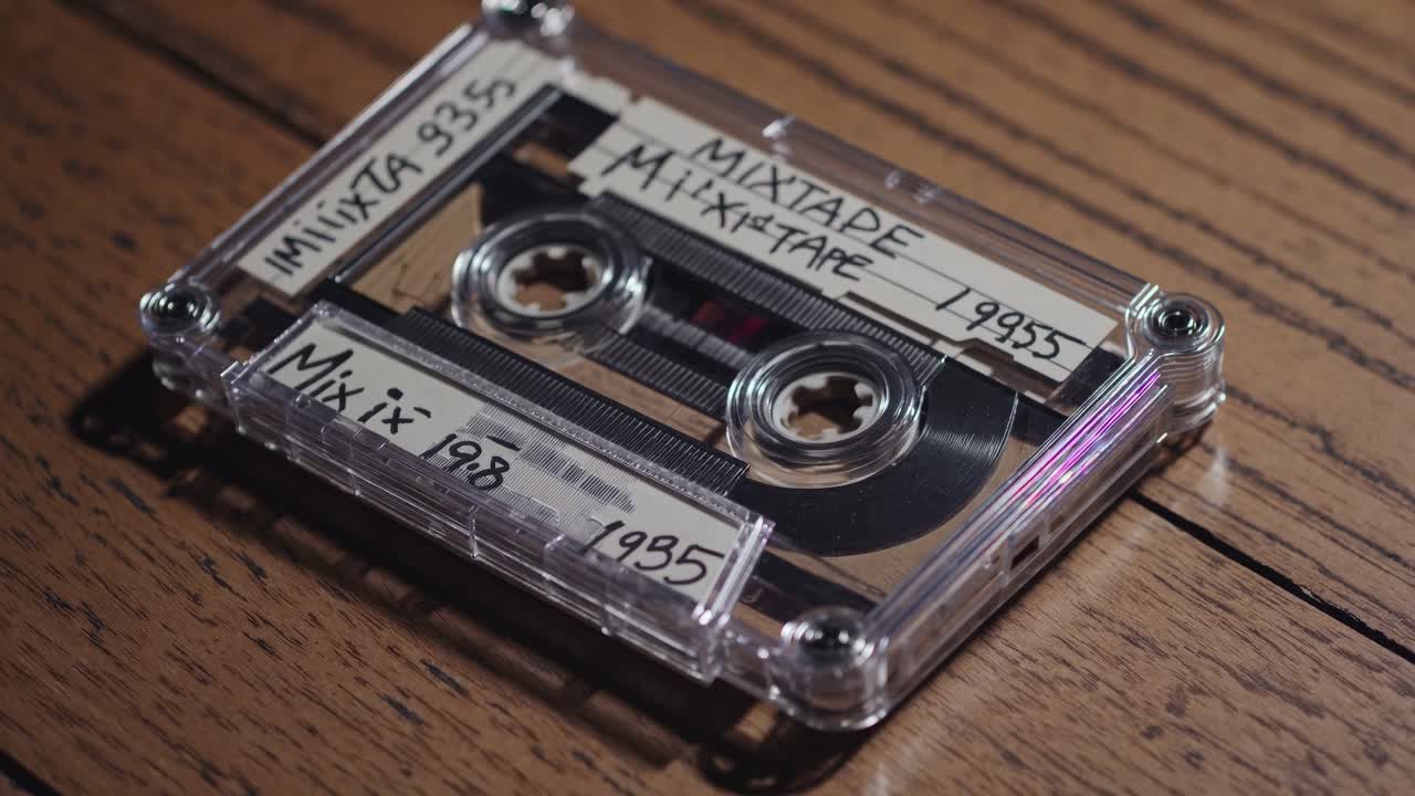 Close-up of a vintage cassette tape labeled 'Mixtape 1985' on a wooden surface, evoking nostalgia