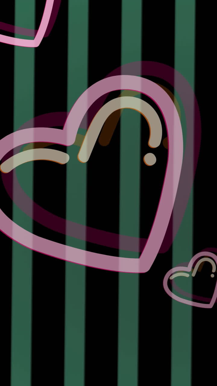 검은 바탕의 초록색 줄무 ⁇  위에 움직이는 분홍색 심장의 애니메이션