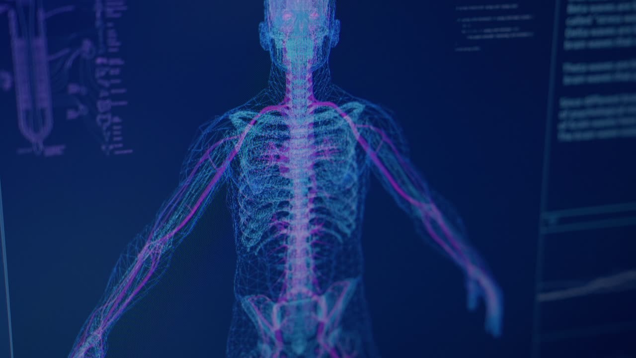 esqueletos humanos, cerebros y modelos de coronavirus en la pantalla de la computadora. en busca de daños. investigación de laboratorio futurista