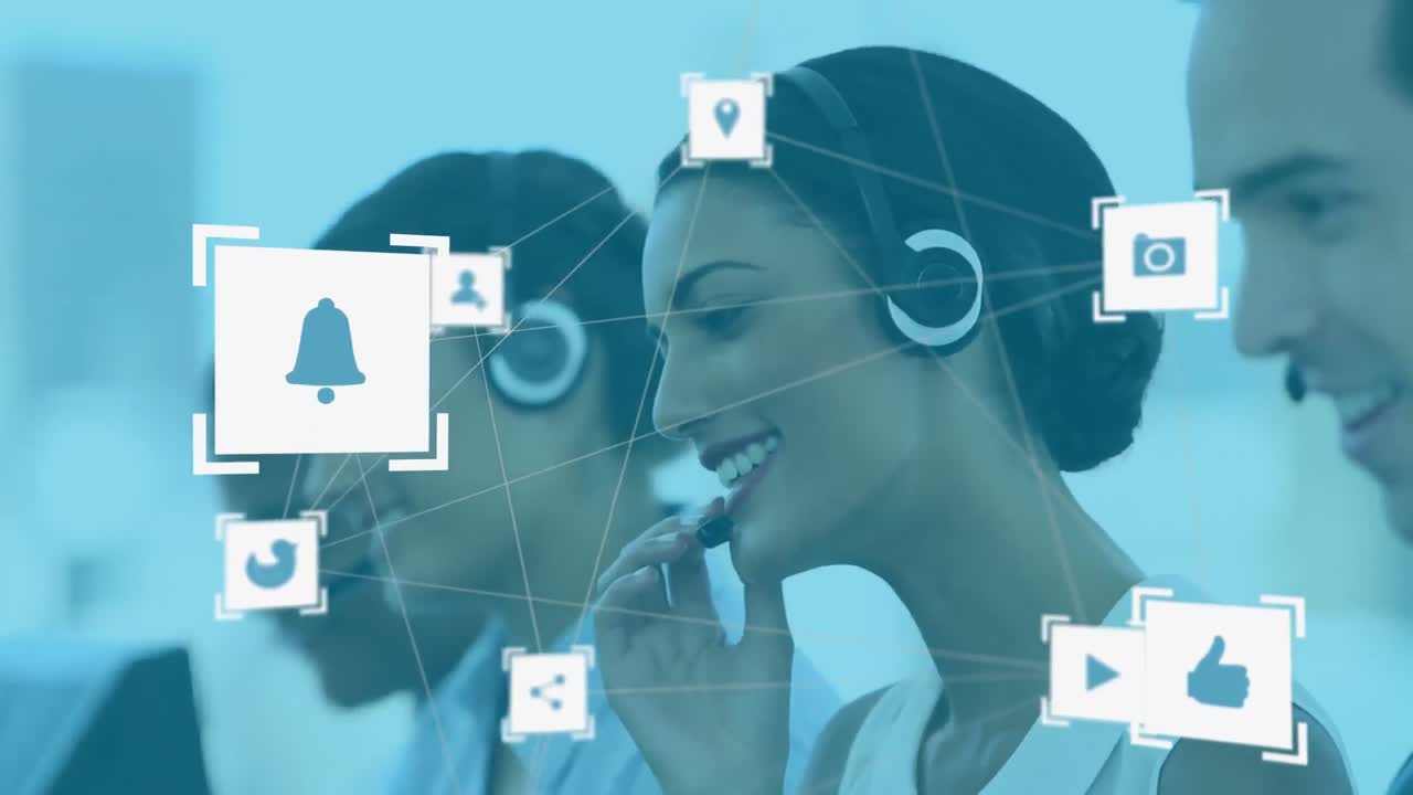 animación de la red de conexiones con iconos sobre diversas personas de negocios que usan auriculares telefónicos