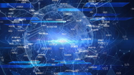 animation of network of business concept texts and light spot over a globe against blue background