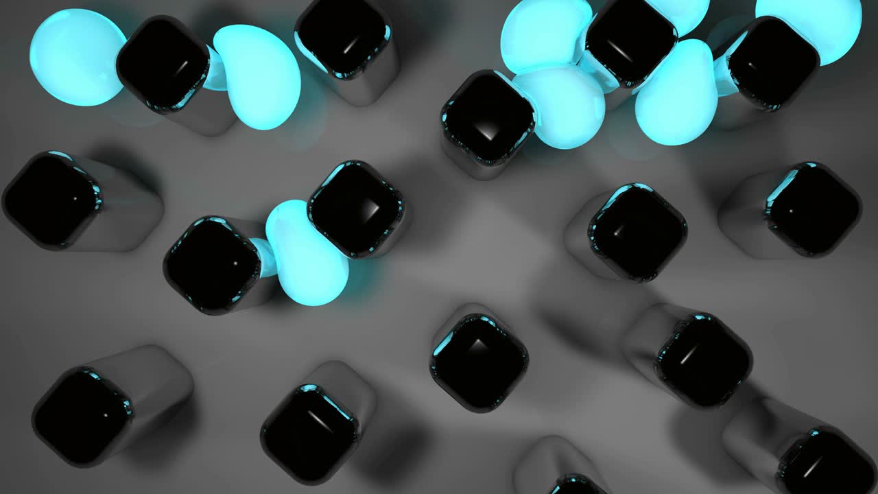 bolas brillantes azules cayendo entre cuadrados negros giratorios. seamles bucle imágenes abstractas.