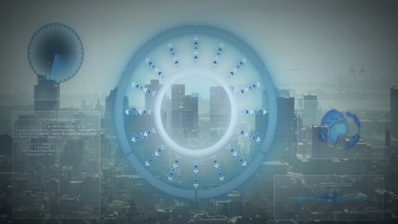 HUD powering up central interface pulsing for city scan while markers rotating and dial updating