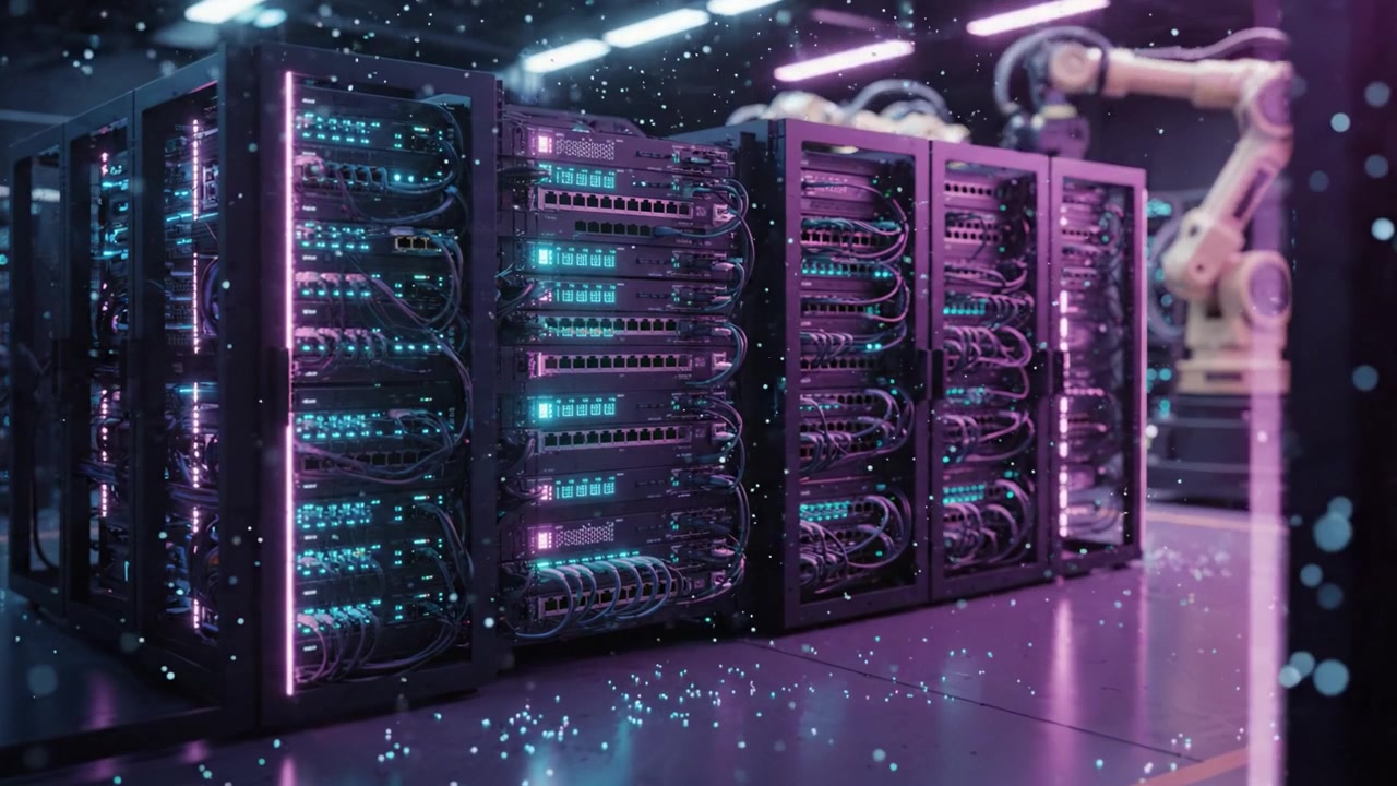 Avanceret datacenter-miljø, der fremviser sammenkoblede serverracks oplyst i levende farver, symboliserende moderne teknologi og effektiv digital infrastruktur.