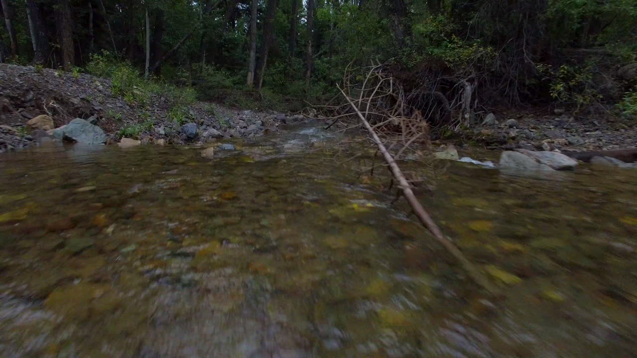 rápido ritmo, avión no tripulado de bajo vuelo disparado sobre un tranquilo arroyo que fluye