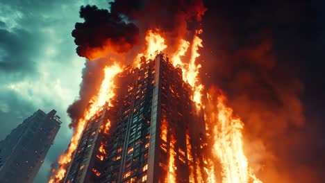 a tall building is engulfed by flames and smoke