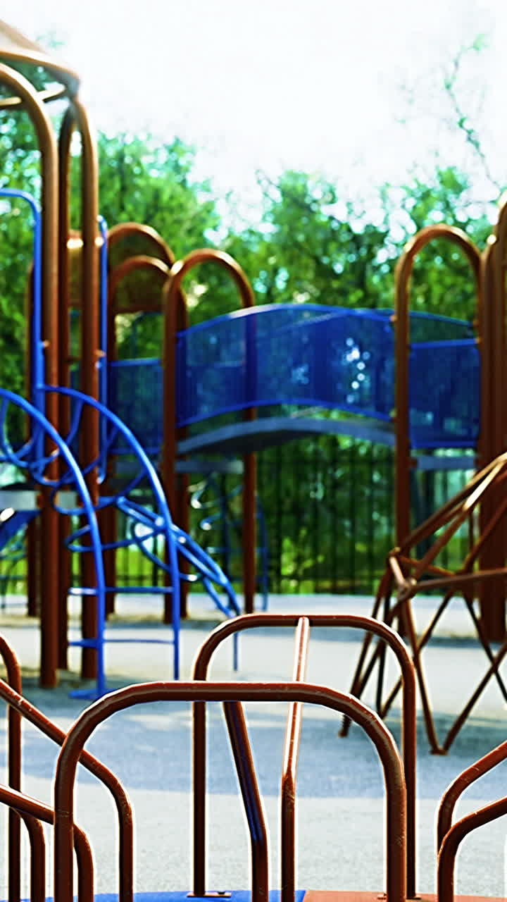 Colorful playground with slides and climbing structures under bright skies