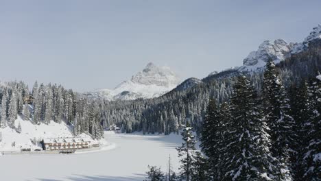 picturesque frozen winter misurina lake with tre cime di lavaredo mountain dolomites drone